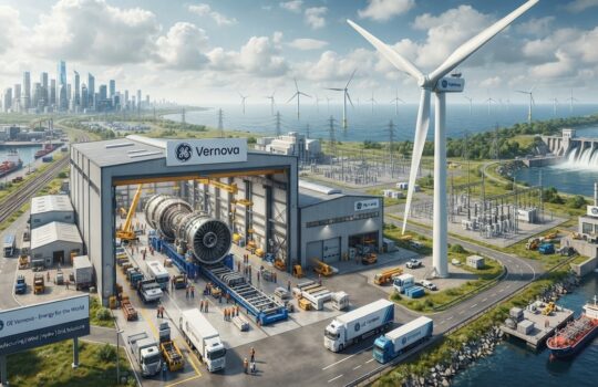 Industrial wind-turbine factory scene: a giant rotor assembly inside a hangar with cranes, workers, and GE Vernova signage nearby.