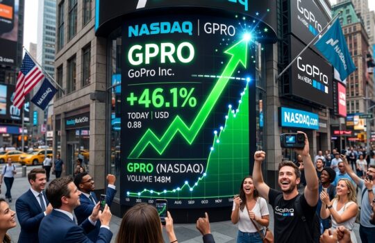 GoPro stock up 46.1% on a large NASDAQ display, rising green arrow as a cheering crowd films the moment with their phones.