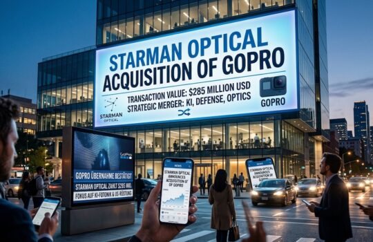 Billboard reads: 'STARMAN OPTICAL ACQUISITION OF GOPRO' with details, announcing a $285M transaction outside a glass office building at dusk.