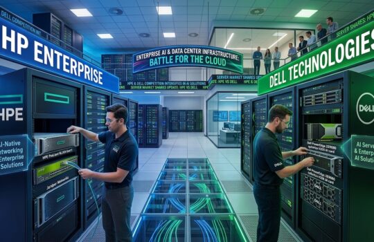 Enterprise data center scene with HP Enterprise and Dell Technologies branding; technicians service server racks amid blue-green lighting, illustrating cloud infrastructure battle.