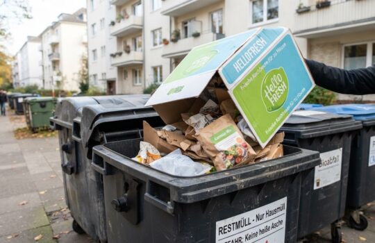 HelloFresh box toppled into a black curbside dumpster with crumpled paper and bags nearby on a residential street.