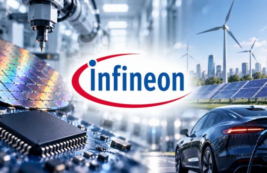 Infineon logo with a circuit chip, solar panels, wind turbines, and an electric car charging—symbolizing sustainable tech.