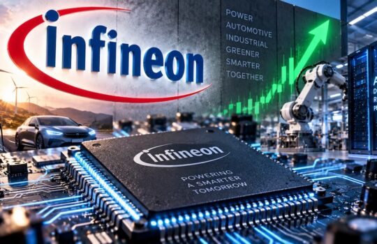 Infineon logo with a close-up of a microchip on a circuit board in a high-tech factory setting.