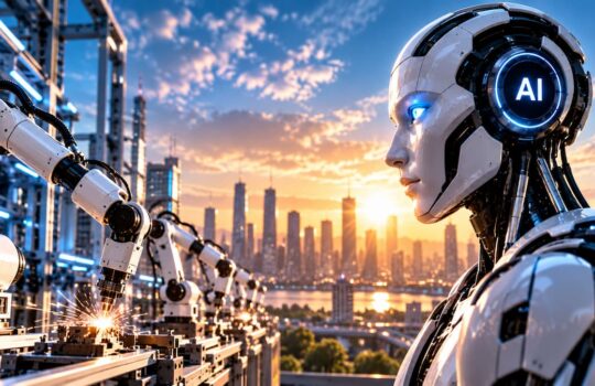 Humanoid robot with AI headset supervises robotic arms welding on a factory line at sunset.//informative image with context of AI supervision in manufacturing at golden hour