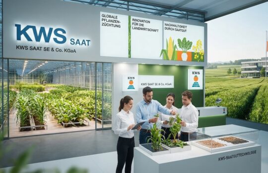 Group of four professionals examining potted plants at a KWS SAAT trade show booth in a glass-walled exhibition space.