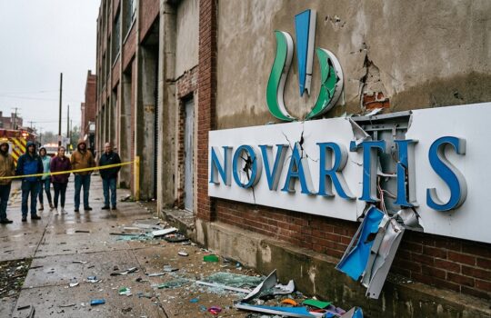 Damaged NOVARTIS sign on a brick building with debris on the ground and a yellow tape barrier, people standing in the background as an emergency vehicle approaches.