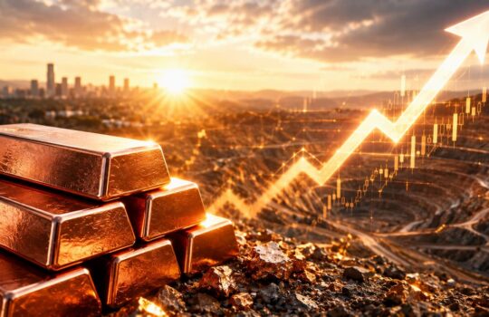 Gold bars stacked at a mining site with a rising arrow chart in the background, signaling increasing gold prices or value.