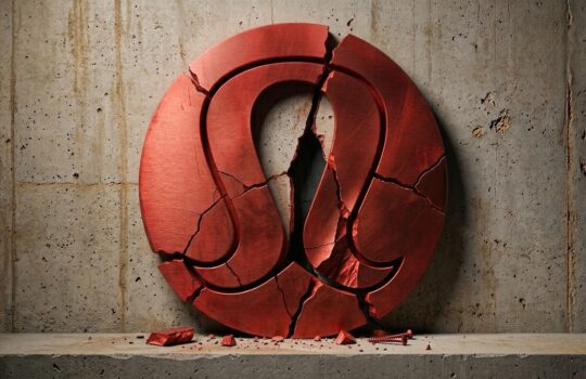 Red circular emblem with a stylized inner design, cracked and broken against a concrete wall.