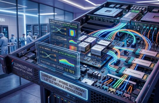 Futuristic data center rack with glowing blue cables and translucent panels displaying optimization metrics and Lumentum modules.