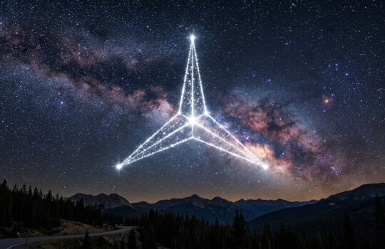 Night sky full of stars and the Milky Way above forested mountains, with a glowing three-pointed star constellation in the center.