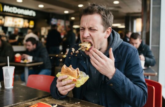 Man in a blue jacket bites into a large burger at a McDonald's restaurant, napkin and fries nearby on the table.