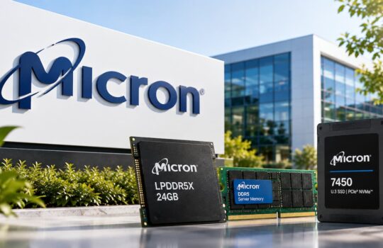 Micron sign on a modern building with three memory modules—LPDDR5X 24GB, DDR5 server memory, and a 7450 NVMe SSD—in the foreground.