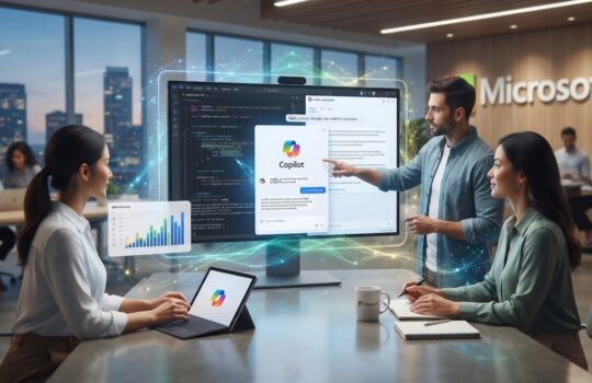 Team collaborates around a conference table as a large monitor shows Copilot AI interface and code, with charts nearby.