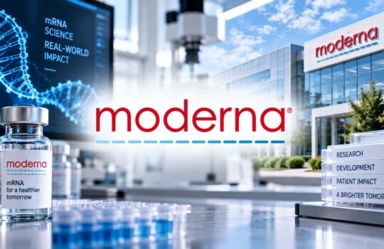 Moderna lab scene with vaccine vials labeled 'moderna' and an exterior Moderna building in the background, highlighting mRNA research
