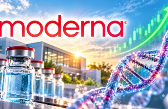 Moderna logo with vaccine vials, a DNA double helix, and a green upward-trending arrow suggesting biotech growth.