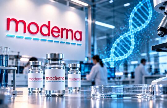 Biotech lab scene with Moderna branding, vaccine vials labeled Moderna, a DNA double helix hologram, and a microscope in view.