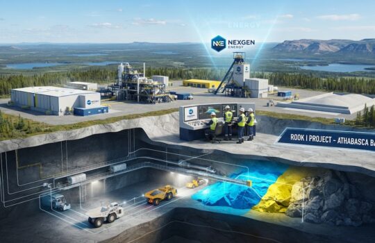 Cross‑section view of an underground mining site showing surface facilities, drilling towers, and a cutaway of underground tunnels and vehicles.