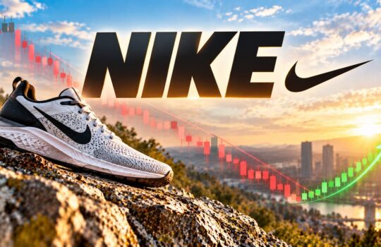 White Nike running shoe on a rocky hill at sunset with the Nike logo and a rising green stock-graph arc.