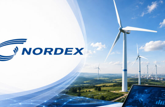 NORDEX branding beside a wind farm: white turbines under a blue sky with a tablet showing a world map and data in the foreground.