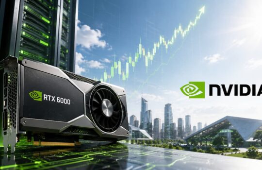 NVIDIA RTX 6000 GPU installed in a server rack with a cityscape and upward-trending chart in the sky, signaling performance growth.