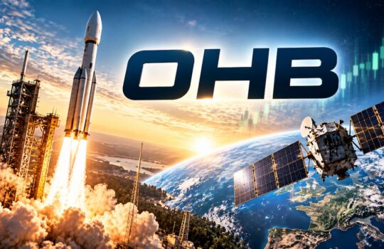 Rocket launch scene with OHB branding, rising from a pad as Earth and a satellite loom in the background at sunrise/sunset relief.
