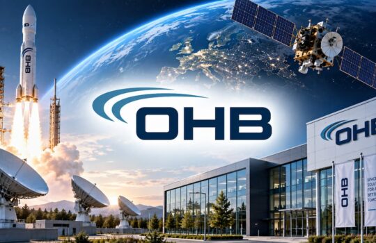 OHB space tech campus with rocket, satellite, and Earth in the background; OHB logo on building facade.