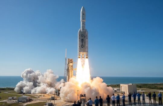 OHB-branded white rocket lifts off from a coastal launch pad, bright exhaust plumes and billowing smoke trailing upward as spectators watch from the foreground.