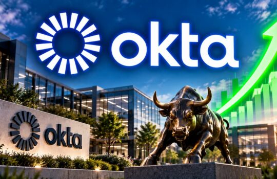Okta office exterior with logo, a bronze bull statue, and a green rising-arrow chart.