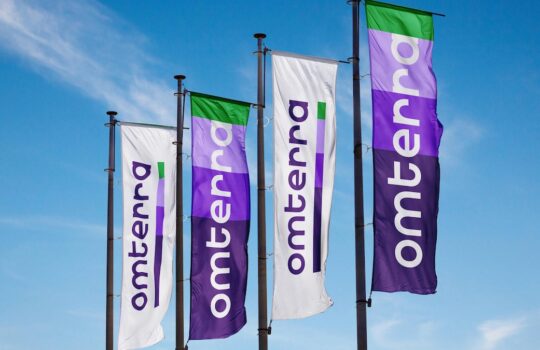 Several tall vertical banners on flagpoles fluttering against a clear blue sky, alternating purple and white with green tops.