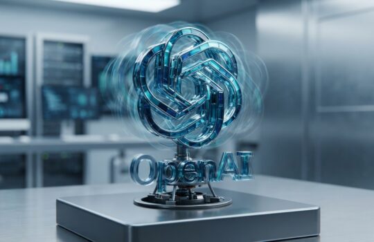 Blue metallic OpenAI logo sculpture on a lab bench in a tech research room