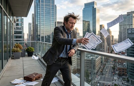 A man in a suit on a balcony throws scattered papers into the air against a city skyline of tall office buildings.