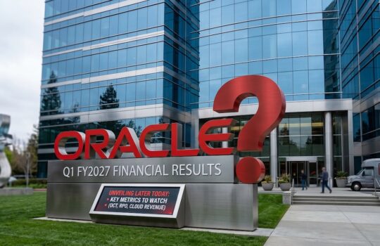 Oracle sign outside a glass-front building with 'Q1 FY2027 FINANCIAL RESULTS' banner in front of the entrance.