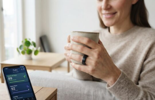 Woman in a beige sweater holds a mug while a phone on the table shows a health dashboard with scores and graphs.