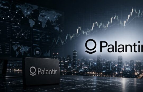 Palantir logo with a city skyline and data dashboard screens in a dark, futuristic control room setting.
