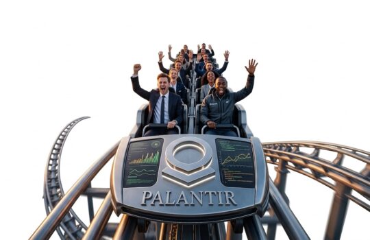 Diverse team on a Palantir roller coaster car, hands raised and cheering, logo visible on the front panel