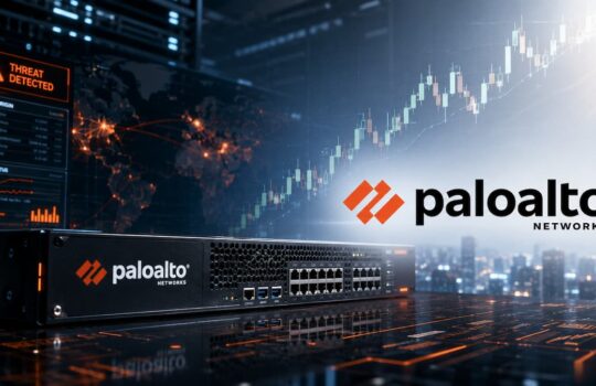 Palo Alto Networks security appliance on a reflective surface with glowing data dashboards in the background.