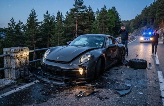 Porsche crash on a forested mountain road at dusk; front end damaged, debris scattered, wheel off to the side, guardrail nearby.