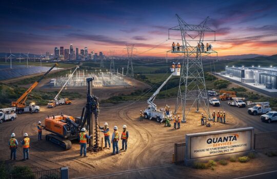 Construction crew at a power transmission site with towering pylons, heavy machinery, and a distant city skyline at dusk.