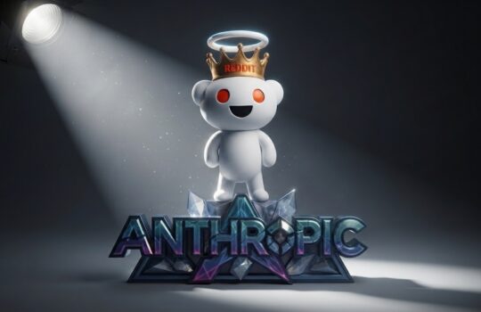 White cartoon bear with a halo and a crown labeled 'REDDIT' stands on a faceted, crystal-like 'ANTHROPIC' logo under a spotlight.