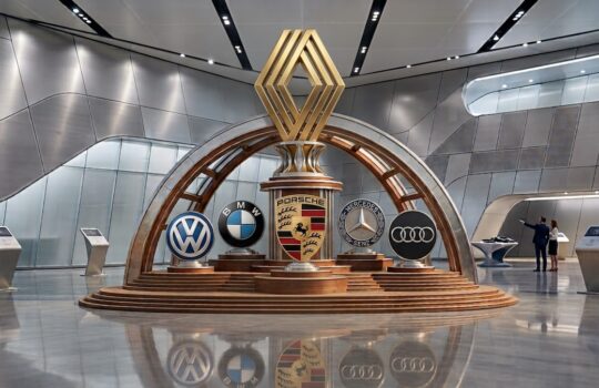 Brand logos for Volkswagen, BMW, Porsche, Mercedes, and Audi displayed on a circular wooden pedestal under a gold geometric sculpture in a modern showroom hall.