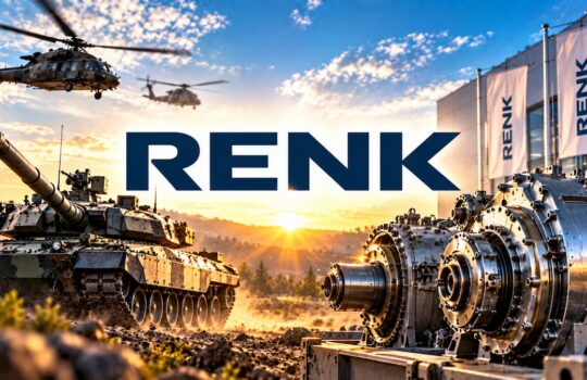 Military display of armored tanks and a large mechanical gearbox with helicopters overhead, set against a sunset, branded with RENK banners