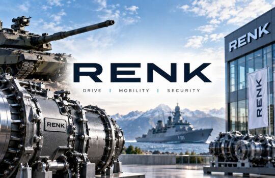 Promotional image of RENK heavy machinery on display outdoors, with a tank and a naval ship in the backdrop and showroom banners nearby.