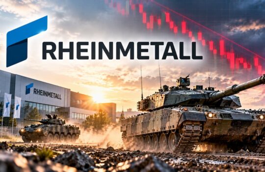 Rheinmetall logo above armored tanks driving across a muddy lot in front of a company building at sunset, with a red stock-chart line in the sky.