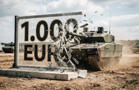 Tank breaking through a large sign that reads '1,000 EURO' on a dirt field.