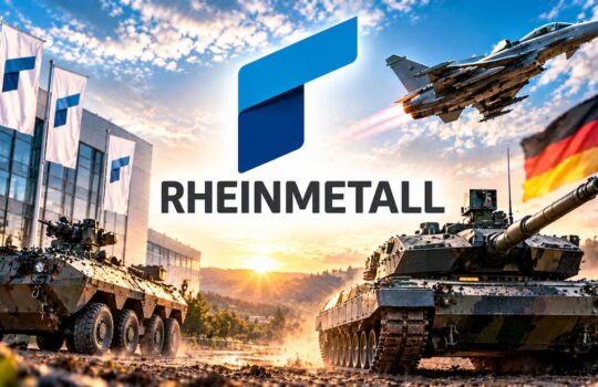 Rheinmetall logo with two armored vehicles in a military yard at sunset, German flag and a jet overhead.