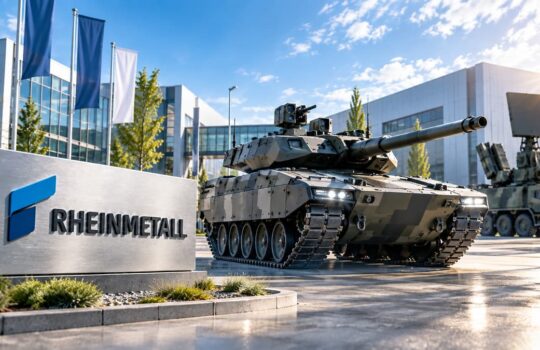 Tank by the Rheinmetall sign outside a modern corporate campus on a sunny day.
