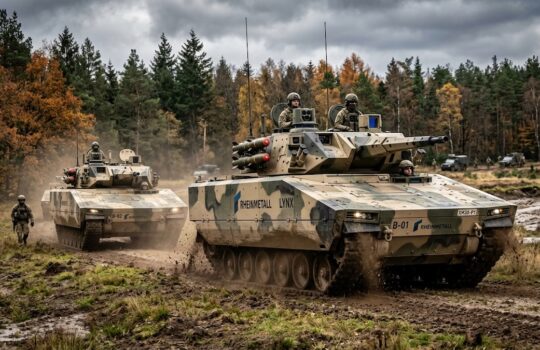 Armored combat vehicles driving through a muddy forest trail, soldiers visible on top under autumn trees.