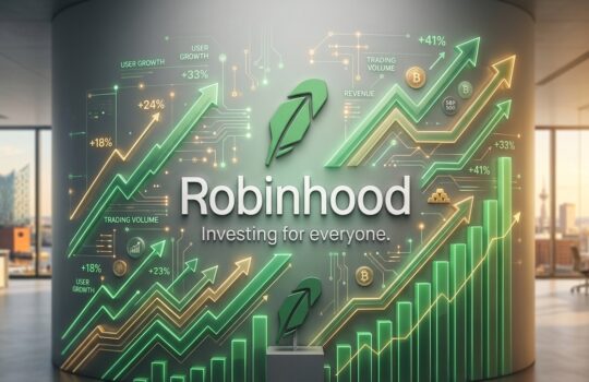 Robinhood logo with upward green stock graphs and the slogan 'Investing for everyone' in a modern office background.