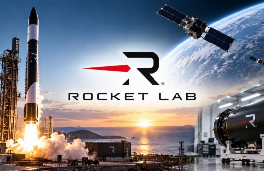Rocket Lab launch pad with a rocket lifting off at sunrise, logo centered, satellites in orbit and Earth on the horizon.