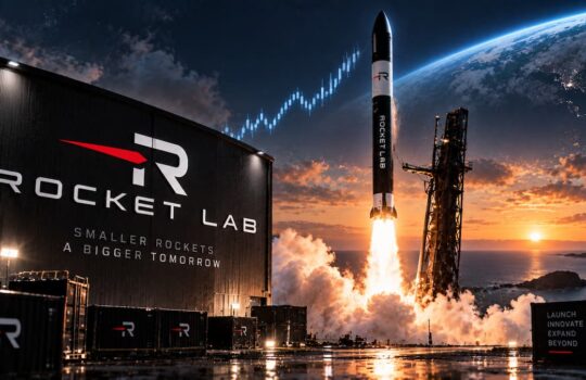 Rocket Lab rocket launches from pad beside a large black hangar with Earth visible in the background at sunset/nighttime.